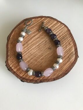 Rose Quartz & Amethyst Beaded Bracelet New Handmade